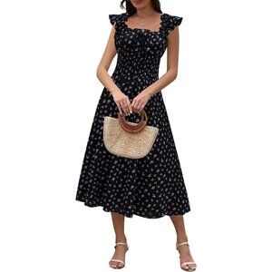 Women's Flowy Maxi Dress Summer Ruffle Square Neck Smocked Waist Beach